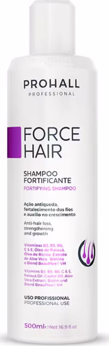 Shampoo da linha Force Hair da marca Prohall Professional. O rótulo destaca os benefícios do produto, como ação antiqueda, fortalecimento dos fios e auxílio no crescimento. Além disso, menciona a presença de vitaminas, óleos e extratos vegetais na fórmula