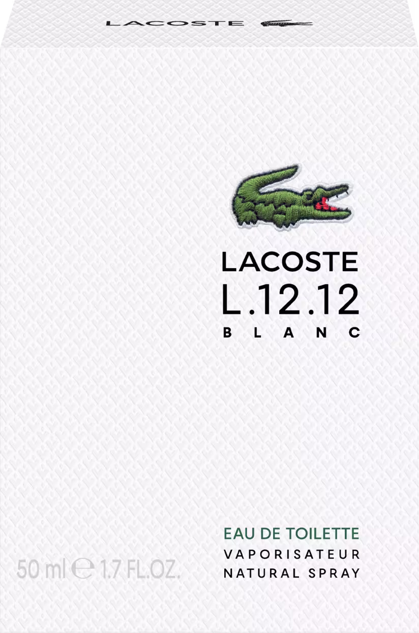 A imagem mostra a caixa branca do perfume Lacoste L.12.12 Blanc, toda branca, de frente, com o desenho do crocodilo, símbolo da marca, e descrito o nome da marca e do perfume, além de concentração e volumetria.
