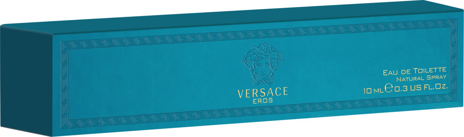 A imagem mostra a embalagem com um fundo azul. O nome "Versace" está escrito em dourado, junto à imagem da Medusa. Abaixo, está escrito o nome do perfume, tipo de concentração e volumetria.