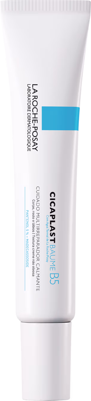 Tubo branco de produto de beleza da marca La Roche-Posay, com rótulo azul indicando "Cicaplast Baume B5". Embalagem cilíndrica com tampa rosqueável, projetada para aplicação tópica.