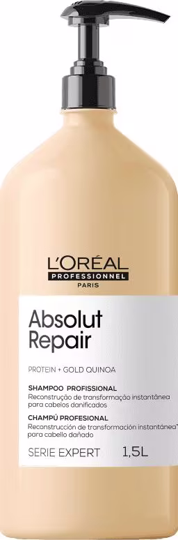 É um shampoo profissional da linha L'Oréal Professionnel Serie Expert. A embalagem é uma garrafa plástica grande de 1,5 litros na cor bege claro. O frasco tem um dosador preto na parte superior.