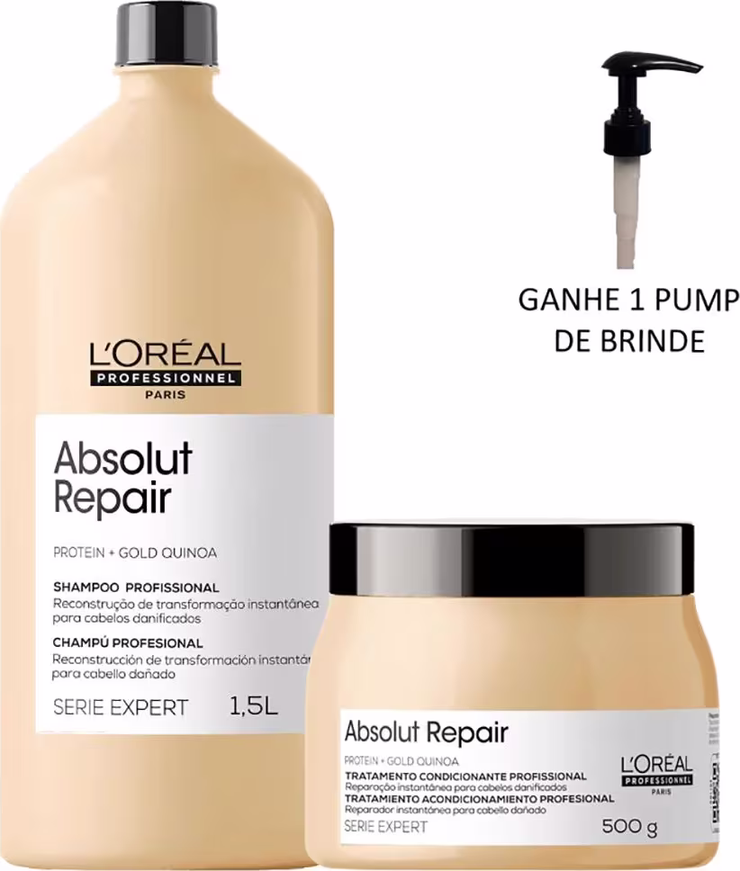 A imagem mostra dois produtos da linha Absolut Repair da L'Oréal Professionnel. Um é um shampoo profissional em uma embalagem plástica bege. O outro é um tratamento condicionante profissional em um pote bege com tampa preta.