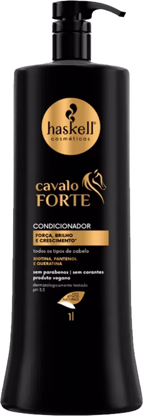 Condicionador da linha Cavalo Forte da marca Haskell. A embalagem é um frasco plástico preto com um rótulo dourado contendo o nome da linha "Cavalo Forte" e o logotipo da marca Haskell. O frasco possui um dispensador na parte superior.