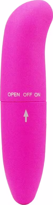 Vibrador rosa com botão de controle "OPEN OFF ON" e seta indicativa de funcionamento. Produto da marca Sexy Import.