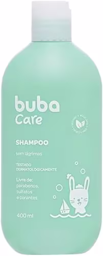 Shampoo Buba Care em embalagem verde de 400ml. A embalagem tem formato cilíndrico com tampa branca. Apresenta o logotipo "buba care" e a palavra "shampoo" em letras brancas, além de um desenho estilizado de dois coelhos.