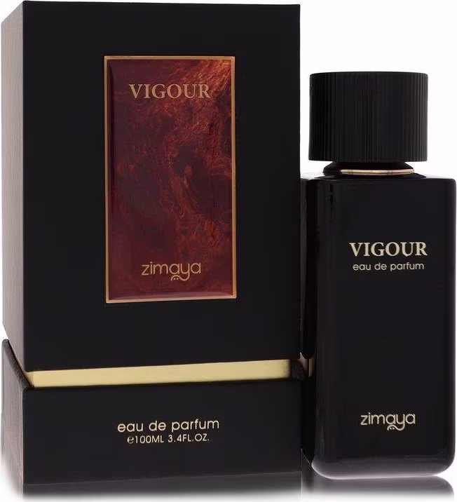 Frasco de perfume Vigour da marca Zimgya, com embalagem preta e dourada. O rótulo exibe o nome do produto "Vigour" em letras douradas. O frasco possui formato retangular e tampa preta.