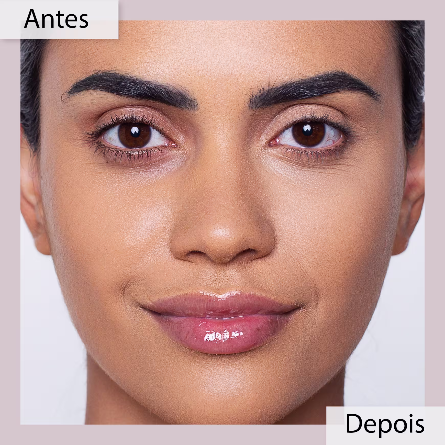 Esta imagem mostra uma mulher de pele morena antes e depois de aplicar o produto. No "Antes", ela aparece com uma pele natural com olheiras escurecidas. No "Depois", ela está com a pele mais uniforme e sem marcas aparentes.