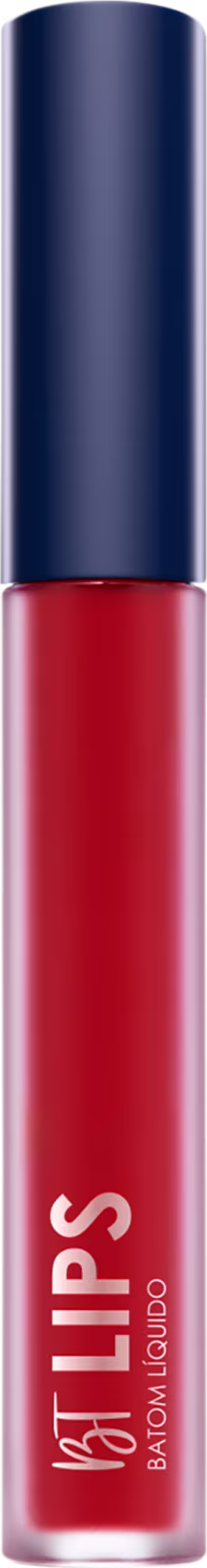 Batom líquido da marca Bruna Tavares, com embalagem em formato cilíndrico tampa azul marinho e tom vermelho, exibindo o nome BT Lips em destaque.