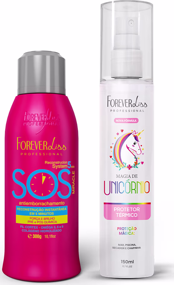 Dois produtos da linha Forever Liss Professional: um frasco rosa com rótulo "SOS antiemborrachamento" e um frasco branco com rótulo "Magia de Unicórnio - Protetor Térmico", ambos com embalagens e rótulos característicos da marca.