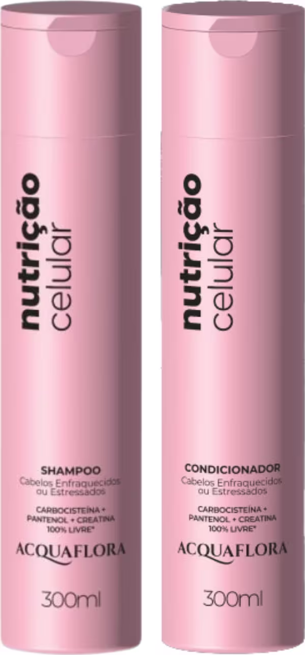 Dois frascos rosa de 300ml da linha Acquaflora, contendo shampoo e condicionador para cabelos enfraquecidos ou estressados, com rótulos indicando os nomes dos produtos.