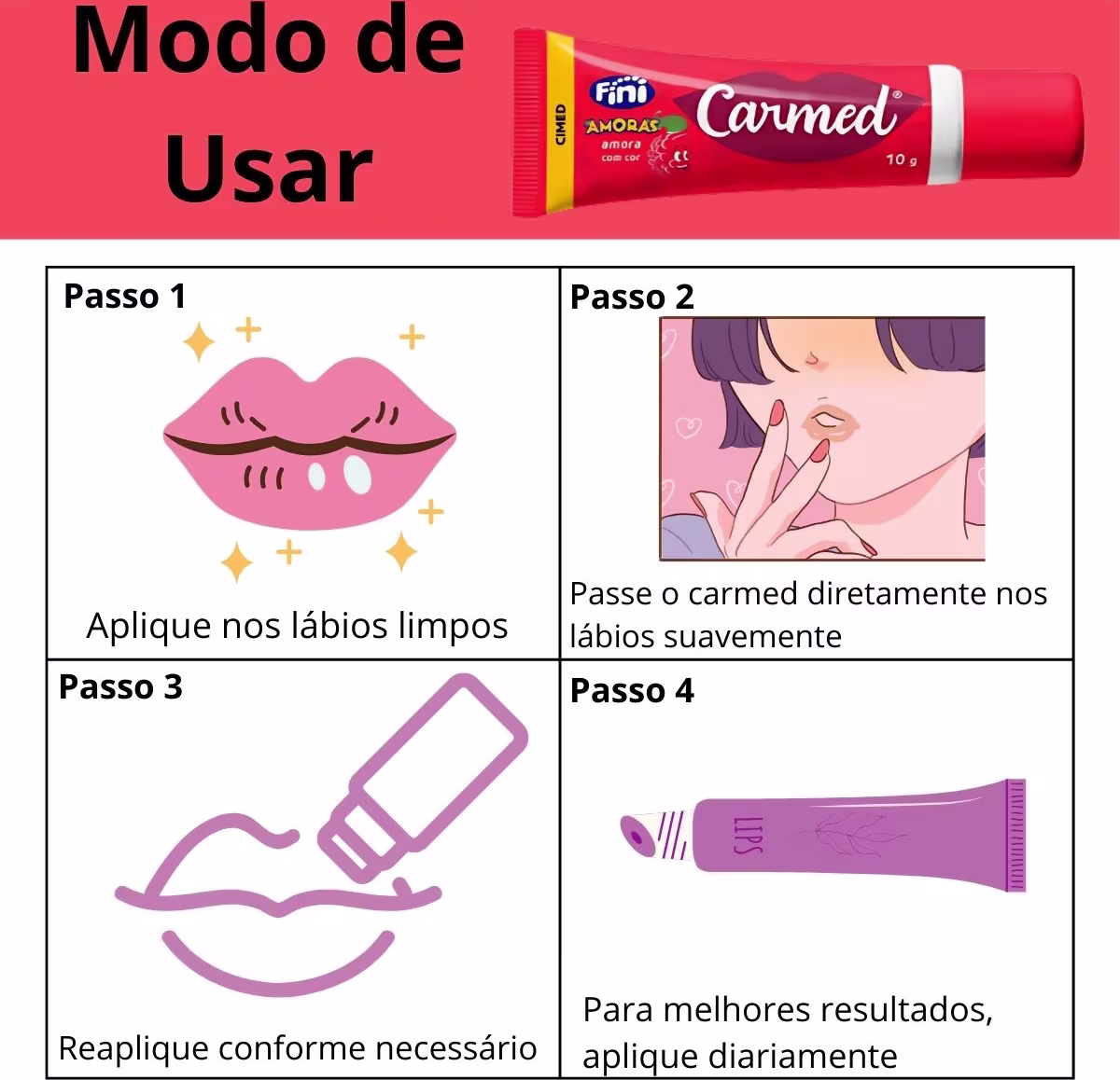 Passo a passo de aplicação do Hidratante Labial Carmed