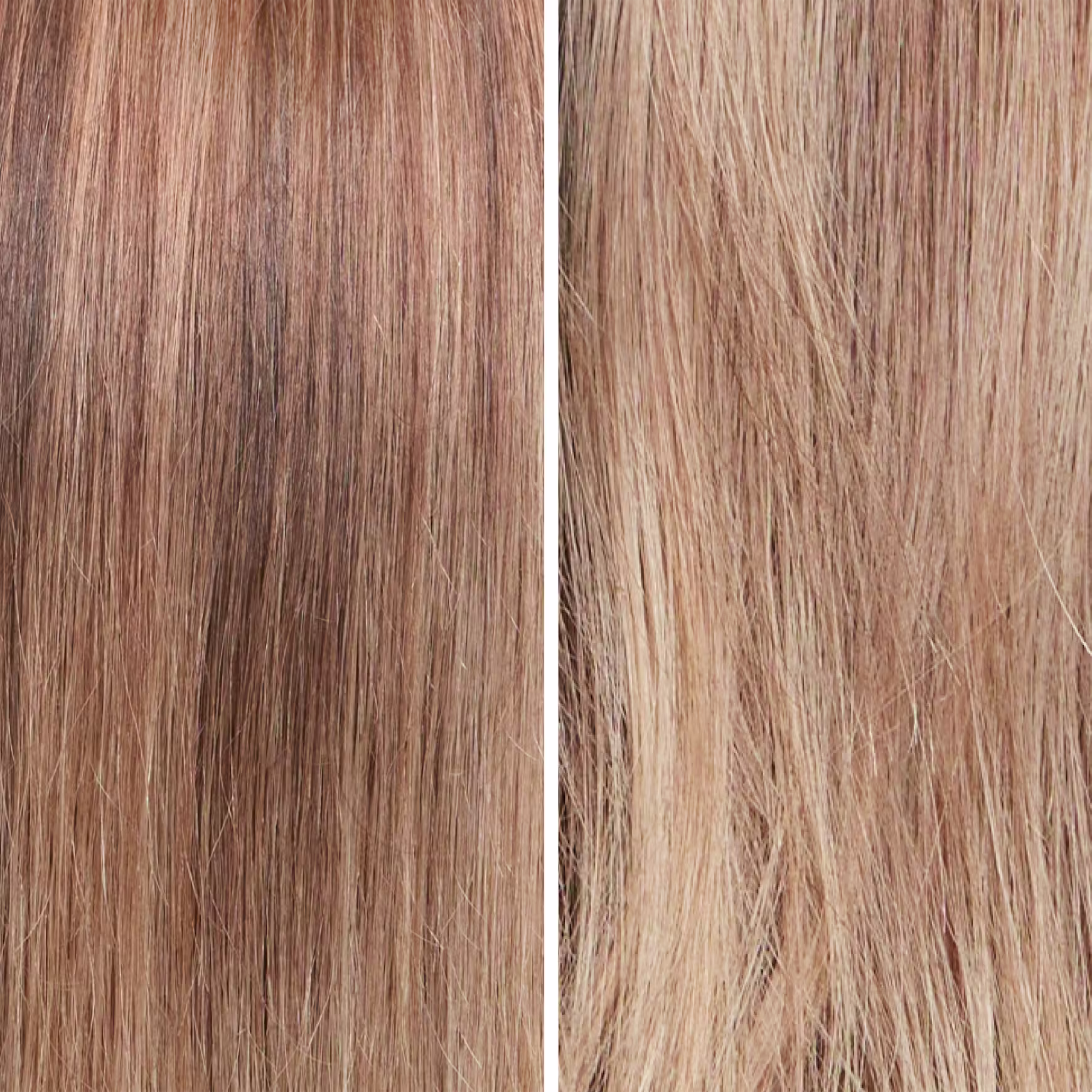 Antes e depois de um cabelo loiro após usar o produto, mais vivo, sedoso e alinhado.