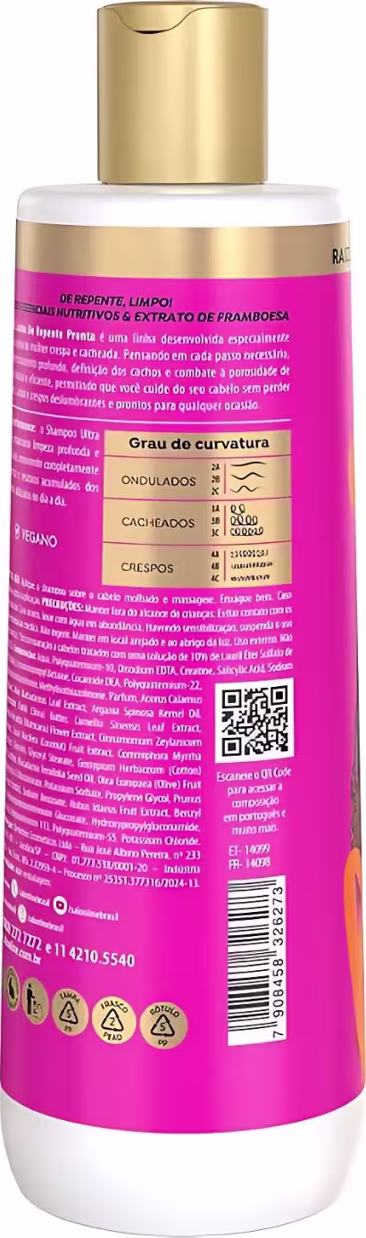 Verso da embalagem com informações gerais, modo de uso, benefícios e ingredientes do produto