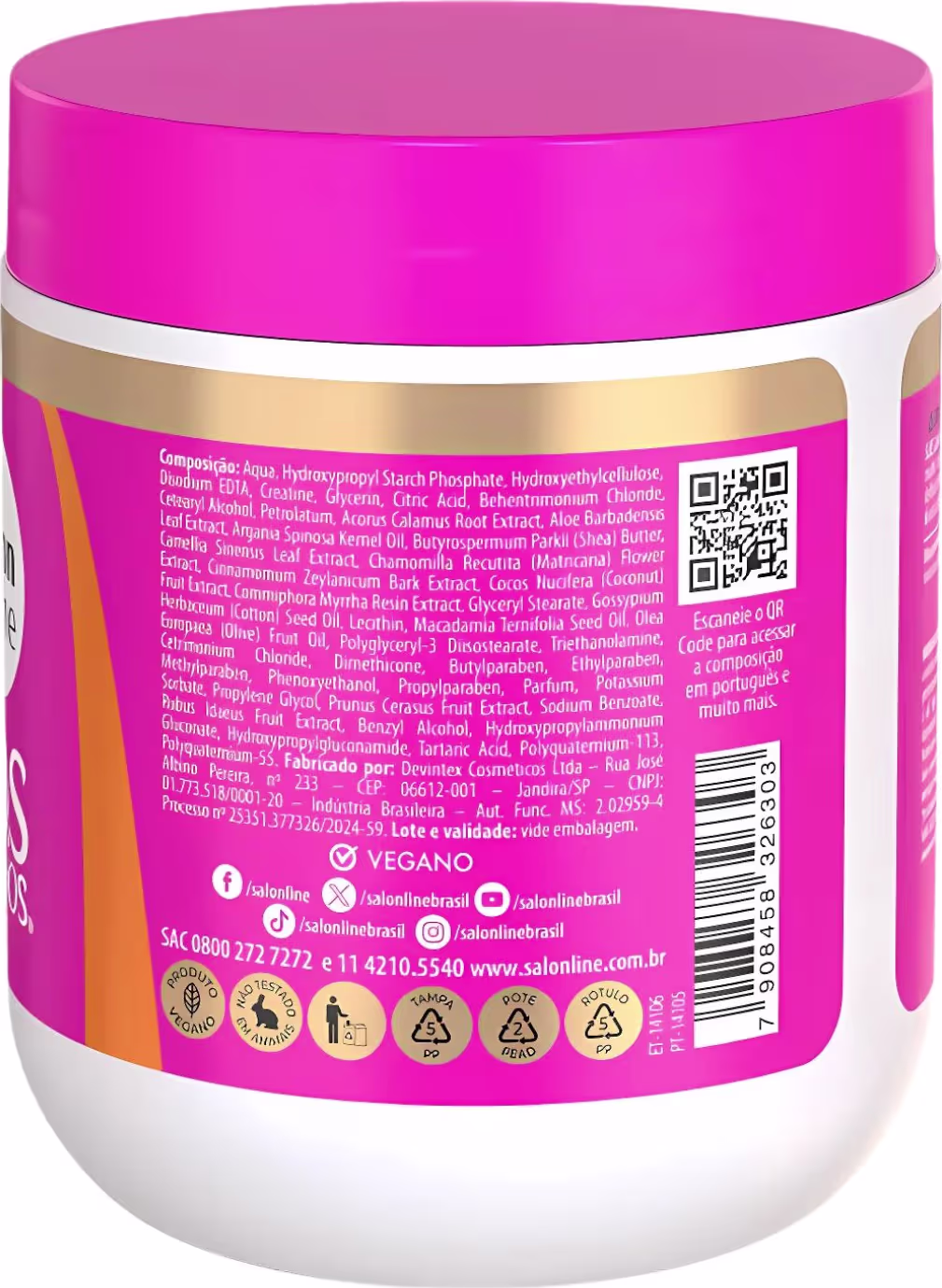 Rótulo com informações gerais, modo de uso, benefícios e ingredientes do produto