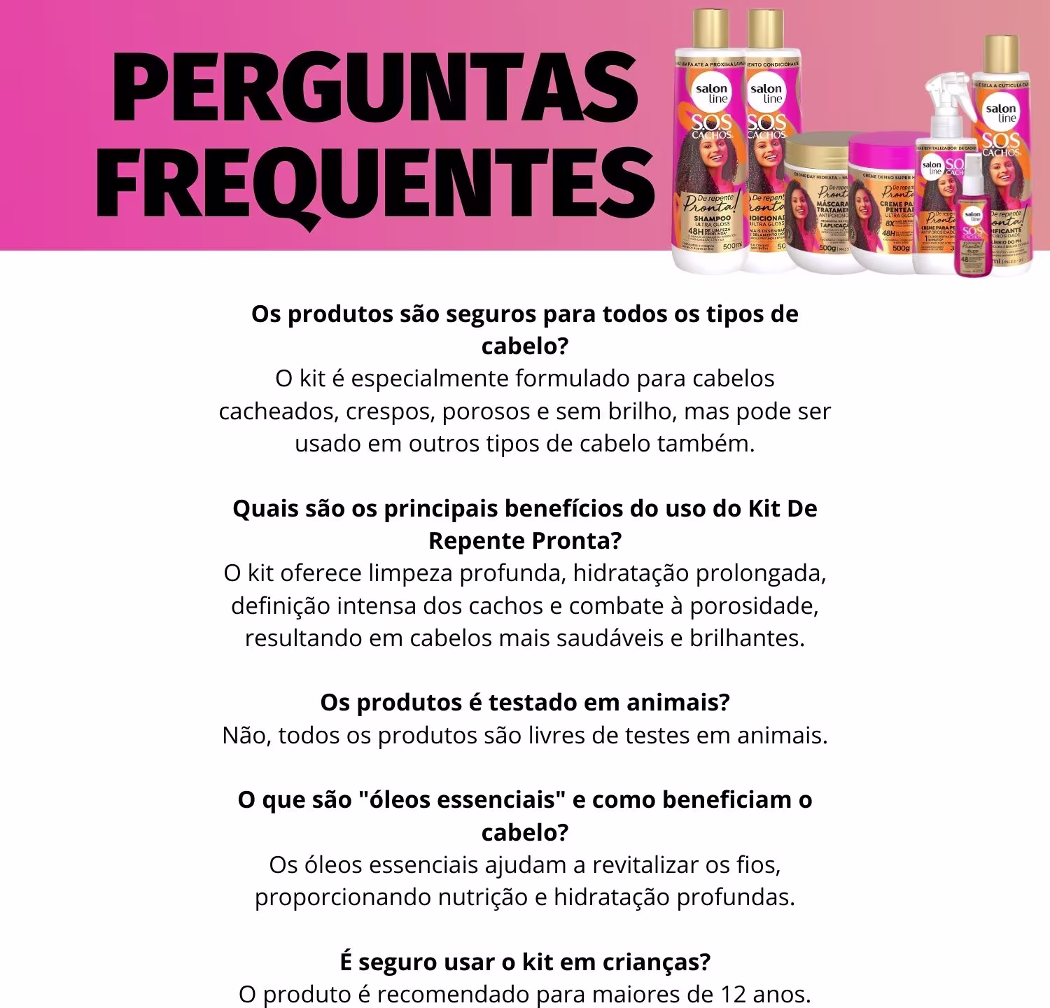 Texto com perguntas frequentes sobre os produtos do kit, destacando que esses produtos são indicados para cabelos cacheados, crespos, porosos e sem brilho, além de informações sobre a composição e benefícios dos produtos.