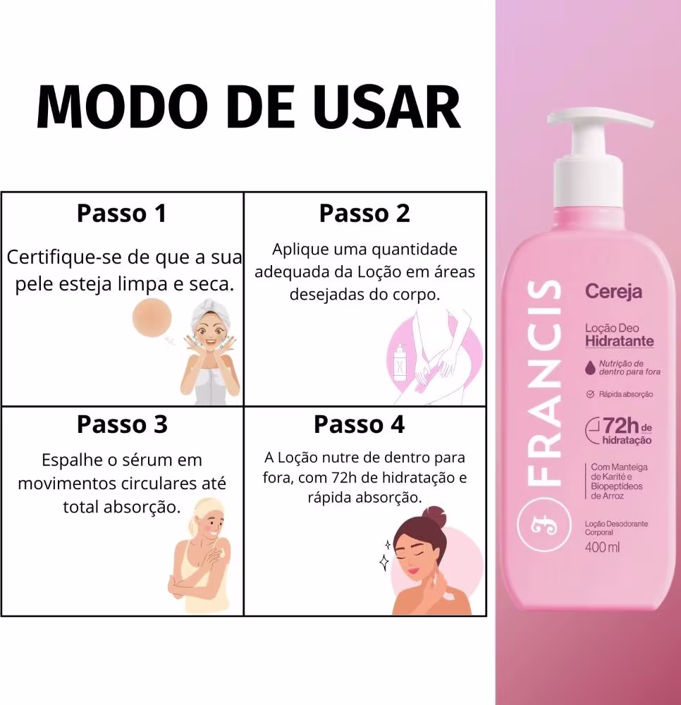 Loção Hidratante Corporal Francis Cereja, 400ml.