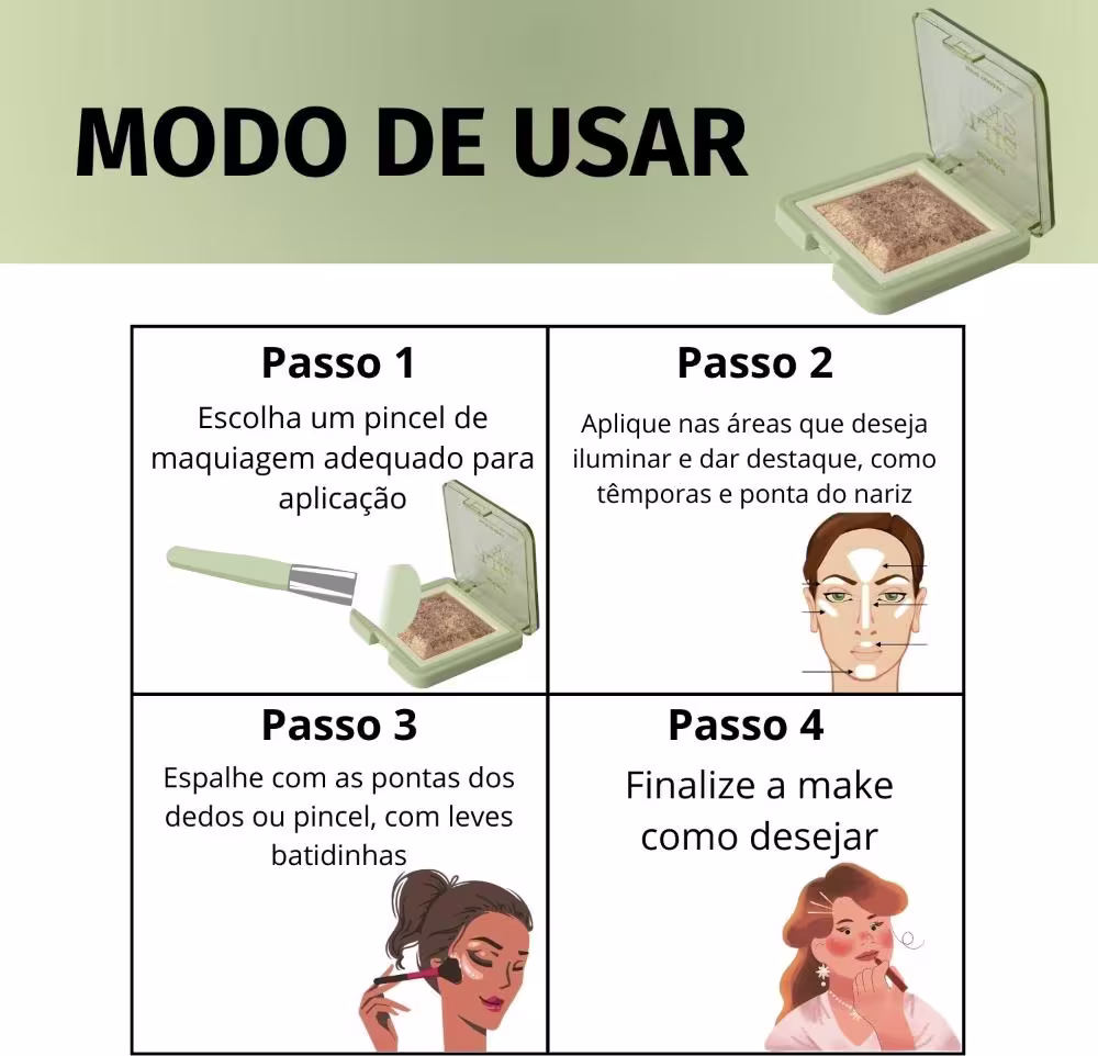 A imagem mostra ilustrações passo a passo de como aplicar o produto, incluindo a escolha de um pincel adequado, aplicação nas áreas desejadas, como têmporas e ponta do nariz, e finalização da maquiagem.