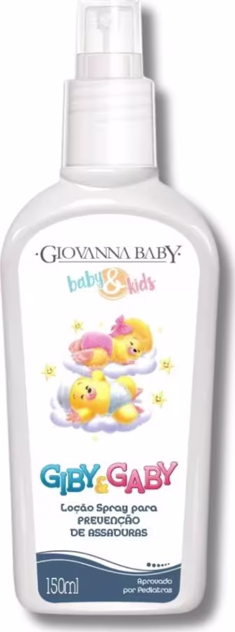 Frasco branco de 150ml da linha Giby Gaby da Giovanna Baby, com bomba de spray, contendo ilustrações de patinhos amarelos e texto indicando ser um loção spray para prevenção de assaduras.