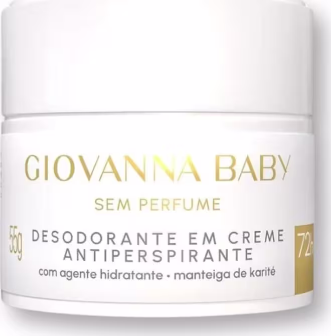 Desodorante em creme antiperspirante Giovanna Baby, sem perfume, em embalagem branca com texto dourado, contendo agente hidratante e manteiga de karité.