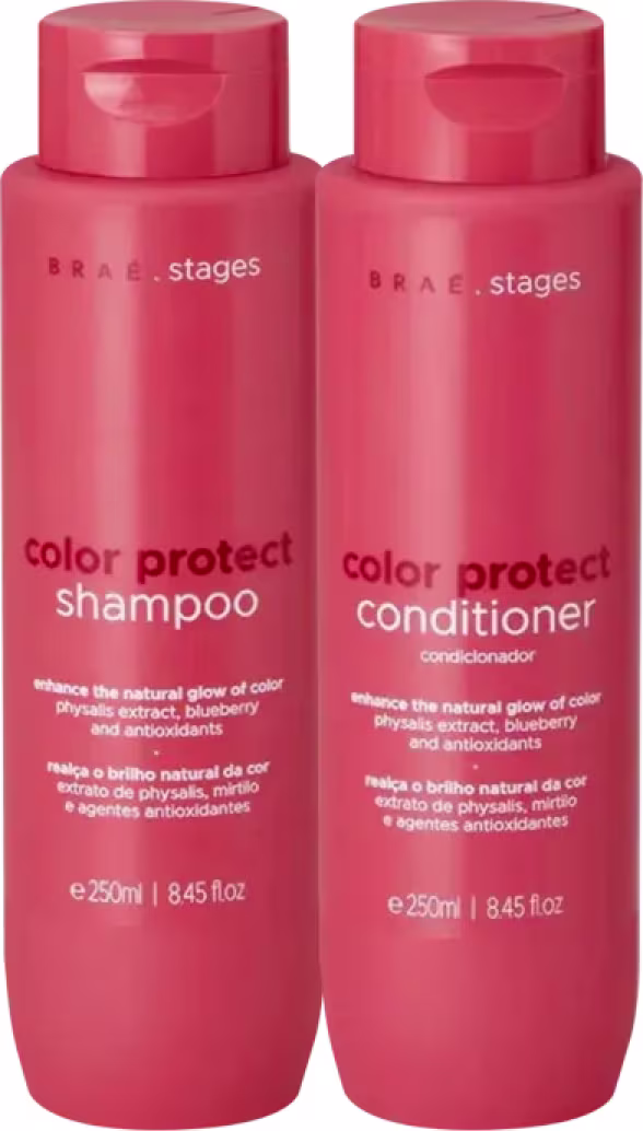 Dois frascos de 250ml da linha Color Protect da Braé, contendo shampoo e condicionador para cabelos coloridos. Os frascos possuem design cilíndrico e tampa rosqueável na cor rosa, com o nome da linha impressa.