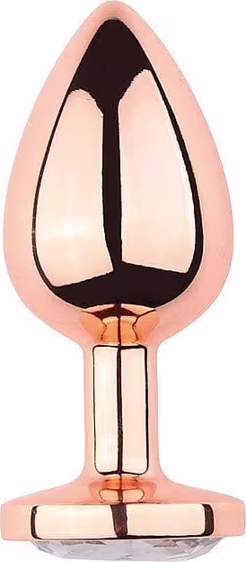 Plug anal em formato de gota com acabamento em cor rosa e detalhes pretos, apresentado em embalagem transparente.