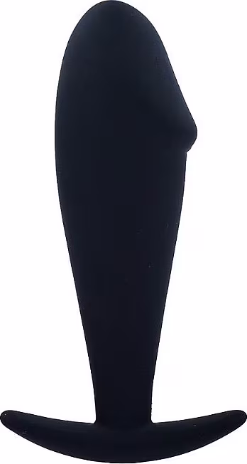 Plug anal preto, com design ergonômico e superfície suave. Embalagem discreta e minimalista, sem rótulos ou textos visíveis.