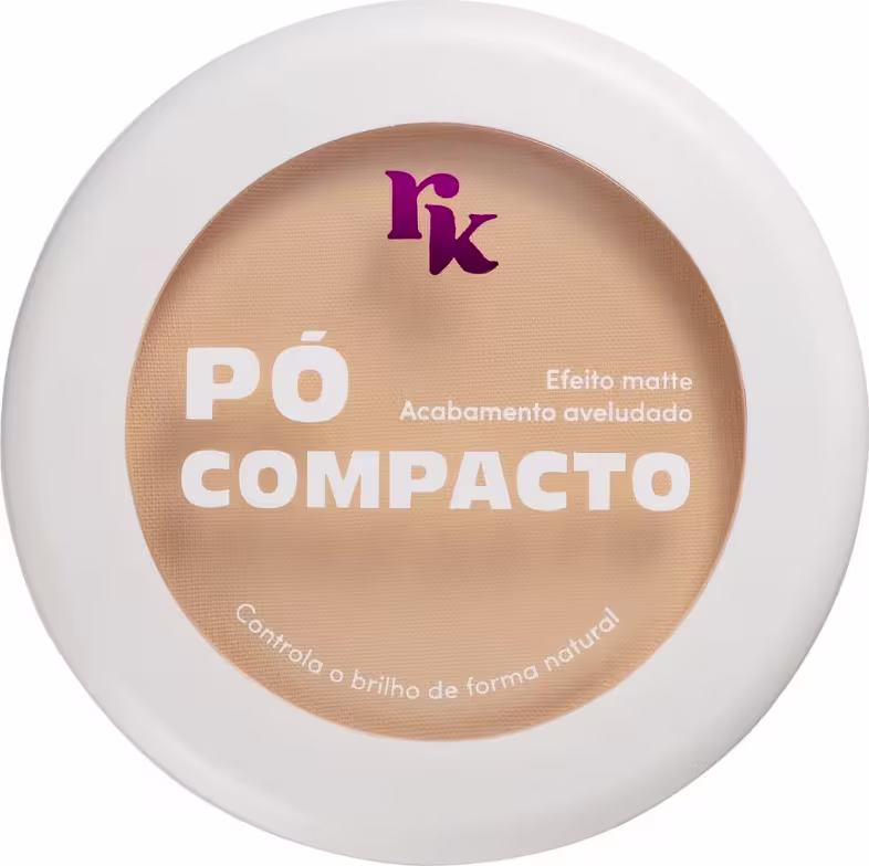 A imagem mostra uma embalagem de pó compacto branca, redonda, com a logo da marca 'RK' em roxo e nome do produto branco em destaque.