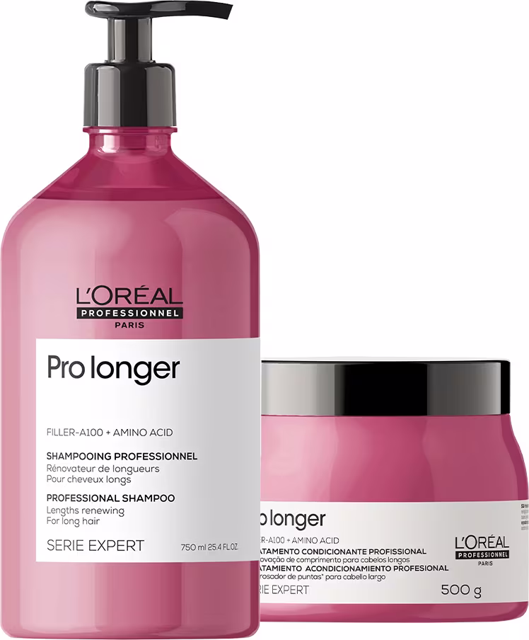 A imagem mostra um kit de L'Oréal Professionnel, linha Expert Pro Longer, sendo um shampoo e um pote redondo de máscara. Todos possuem a cor rosa escuro e tampa na cor preta.