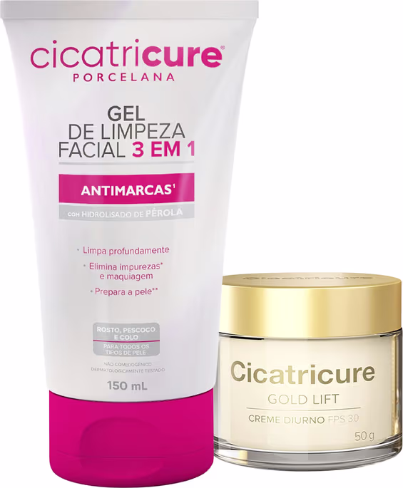 Gel de limpeza facial 3 em 1 Antimarcas da marca Cicatricure, com hidrolisado de pérola, em embalagem de 150 ml. Também apresenta o produto Cicatricure Gold Lift, um creme diurno FPS 30 em embalagem de 50 g.