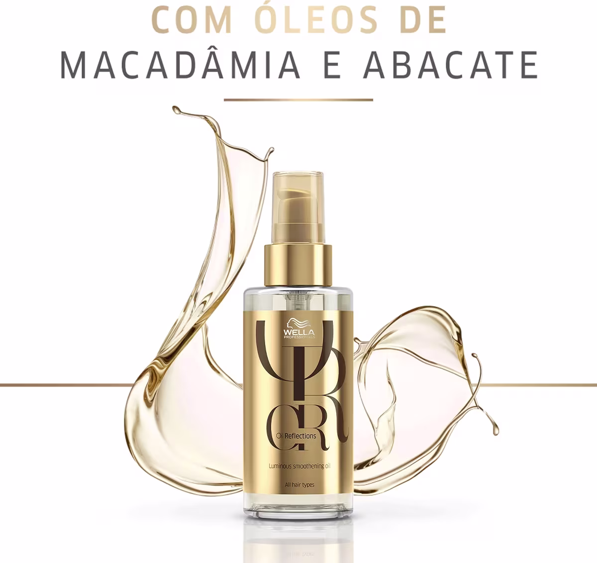 É um produto de cuidado capilar da linha Wella Professionals Oil Reflections. A embalagem é um frasco de vidro transparente com tampa dourada.