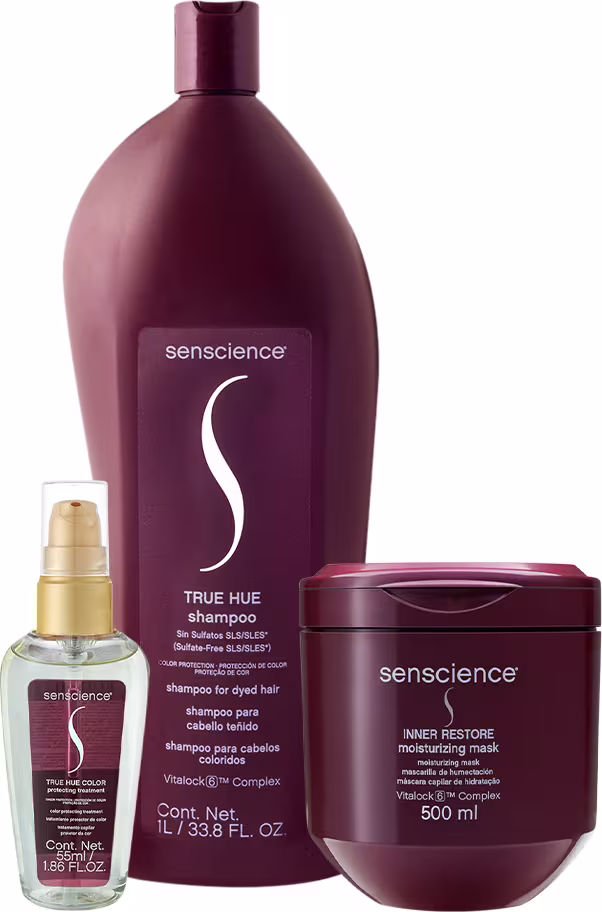 Produtos da marca Senscience: shampoo True Hue, sérum  True Hue Color e pote de máscara Inner Restore.