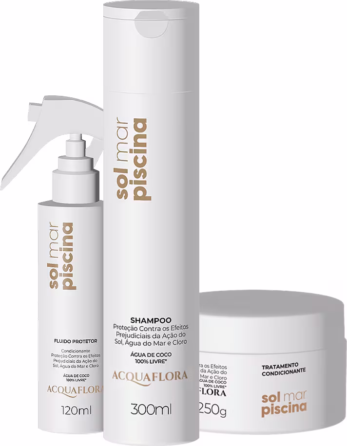 Produtos Acquaflora: shampoo de 300ml, condicionador de 250g e fluido protetor de 120ml, em embalagens brancas com detalhes em dourado, exibindo o nome da marca e informações sobre os produtos.