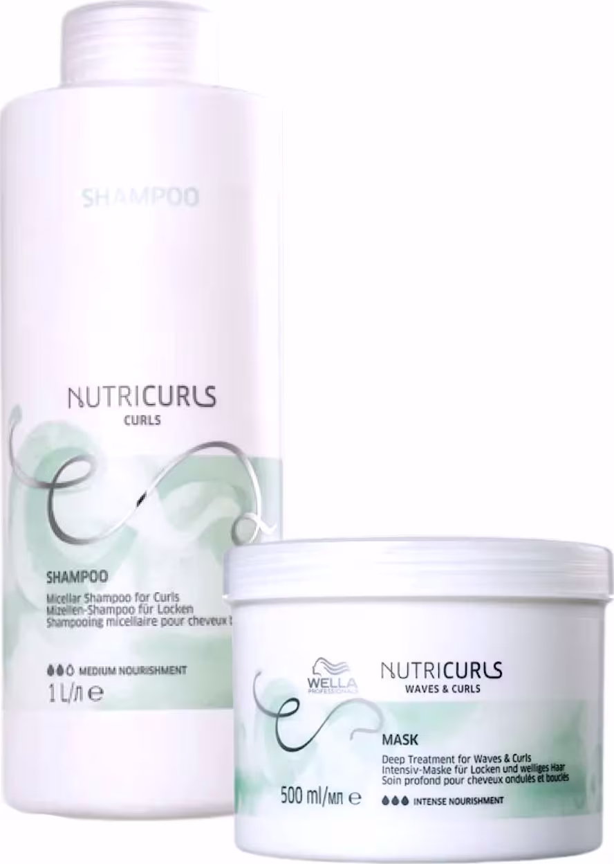 Produtos Wella Professionals Nutricurls: shampoo e máscara para cabelos ondulados e cacheados, em embalagens brancas com detalhes em verde claro, indicando tratamento nutritivo.