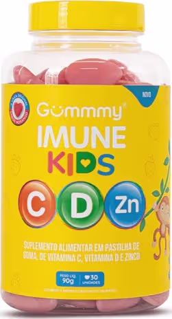 Este é um suplemento alimentar em forma de gomas para crianças. O rótulo amarelo na frente destaca o nome "Gummy Imune Kids" e os ingredientes vitamina C, vitamina D e zinco. Contém gomas vermelhas visíveis através do plástico transparente.