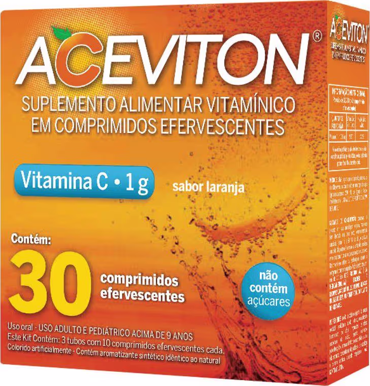 Suplemento Alimentar Aceviton Imunidade Vitamina C 1g Sabor Laranja 30 Comprimidos Efervescentes
