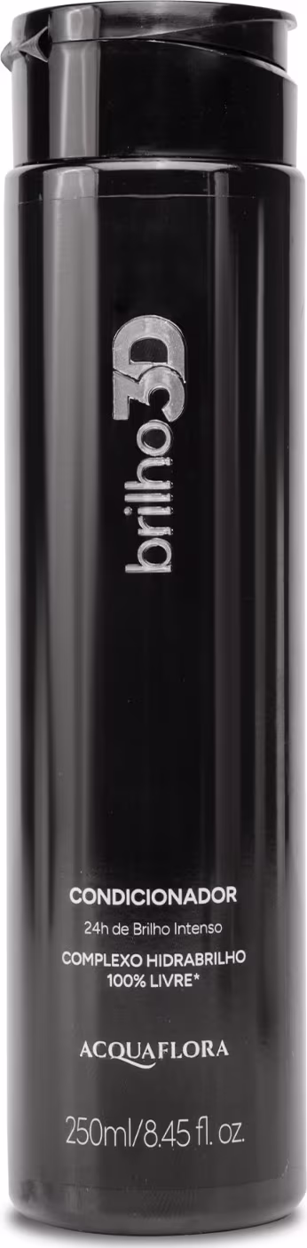 Frasco preto de condicionador da marca Acquaflora, com rótulo em destaque exibindo o nome "Brilho 3d" e informações sobre o produto, como "Complexo Hidrabrilho 100% livre".