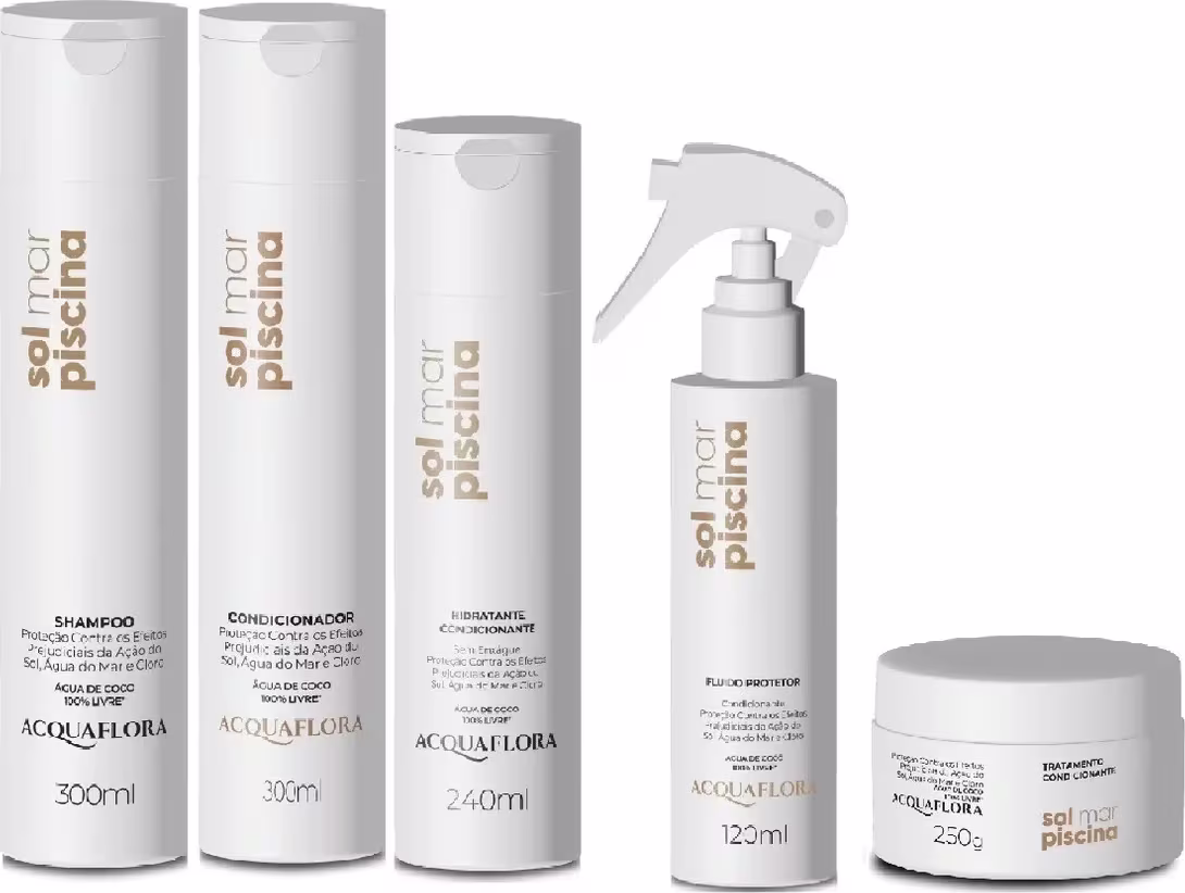 Conjunto de produtos Acquaflora incluindo shampoo, condicionador, fluido protetor e tratamento capilar em embalagens brancas com detalhes dourados, apresentando informações sobre os ingredientes e benefícios dos produtos.