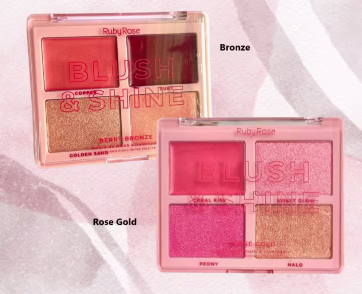 A IMAGEM MOSTRA AS DUAS VERSÕES DA PALETA DE BLUSH E ILUMINADOR BLUSH & SHINE DA RUBY ROSE: ROSE GOLD E BERRY BRONZE