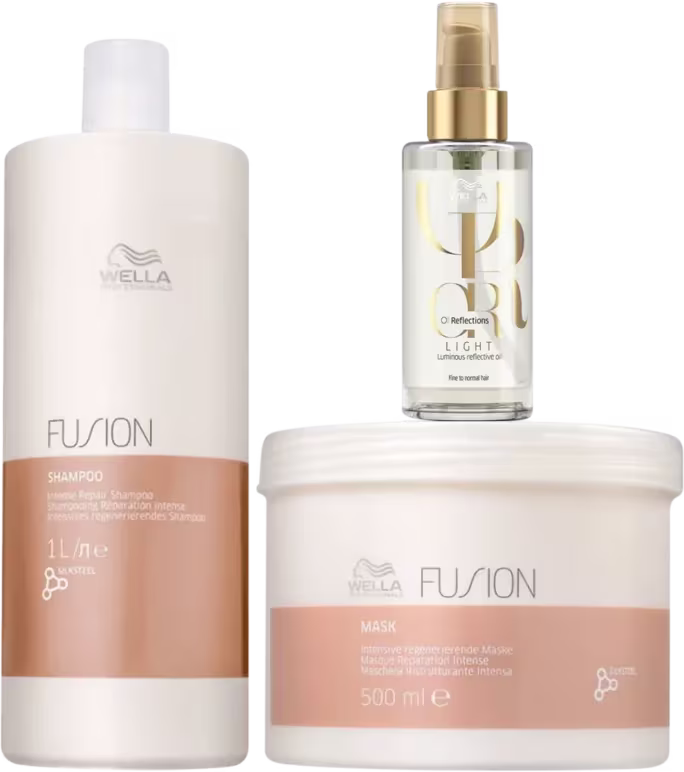 Produtos Wella Professionals: Shampoo Fusion de 1L, Óleo Refletivo Light de 100ml e Máscara Fusion de 500ml, em embalagens brancas e douradas com logotipo da marca.