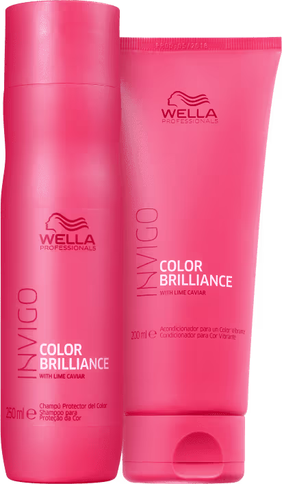 Dois produtos da linha Color Brilliance da Wella Professionals, em embalagens rosa vibrante. Um frasco de shampoo e um tubo de condicionador, ambos com o nome da linha e o destaque para o ingrediente "lime caviar".