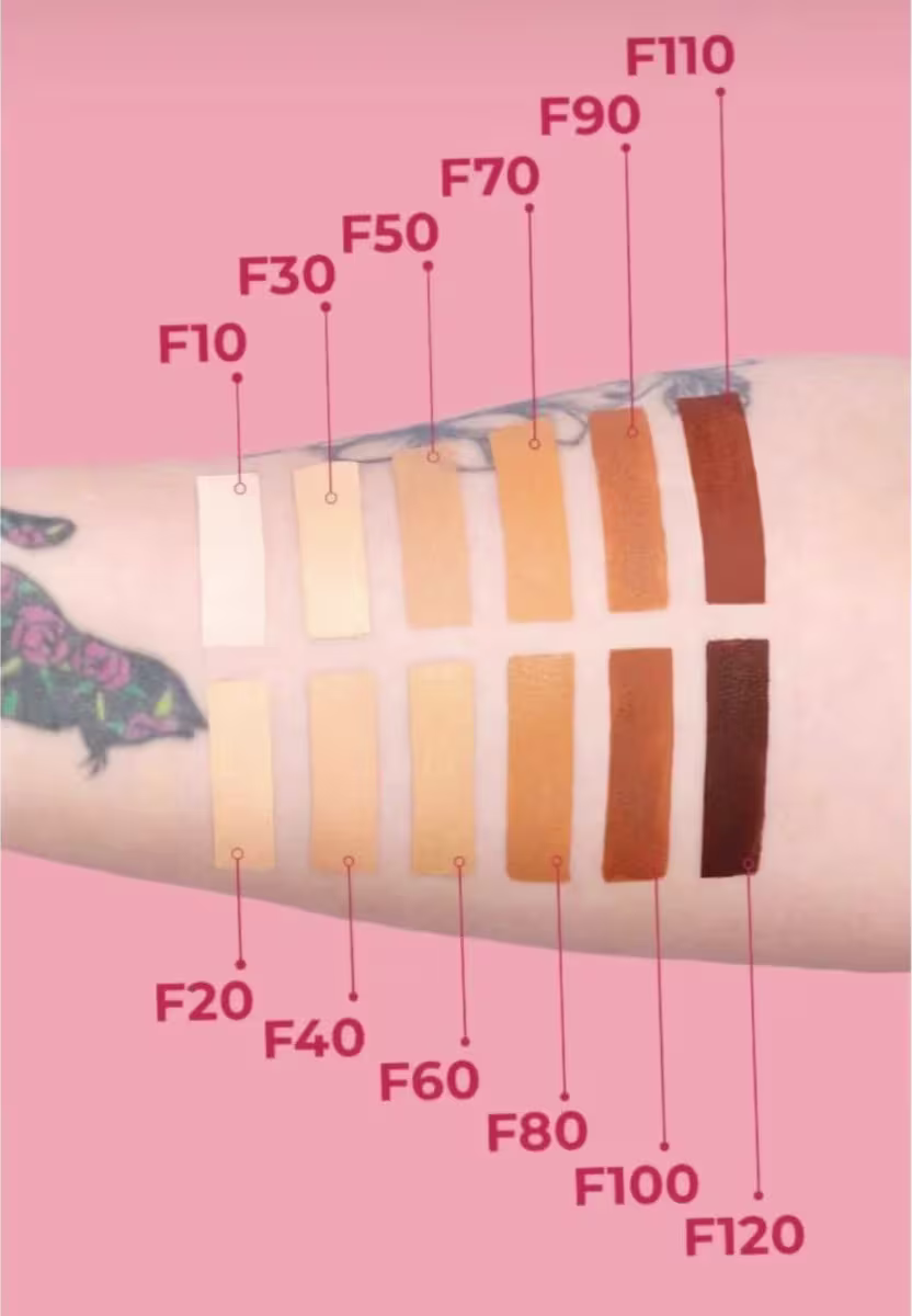 A imagem mostra os 12 tons da Base Ruby Rose Soft Blend