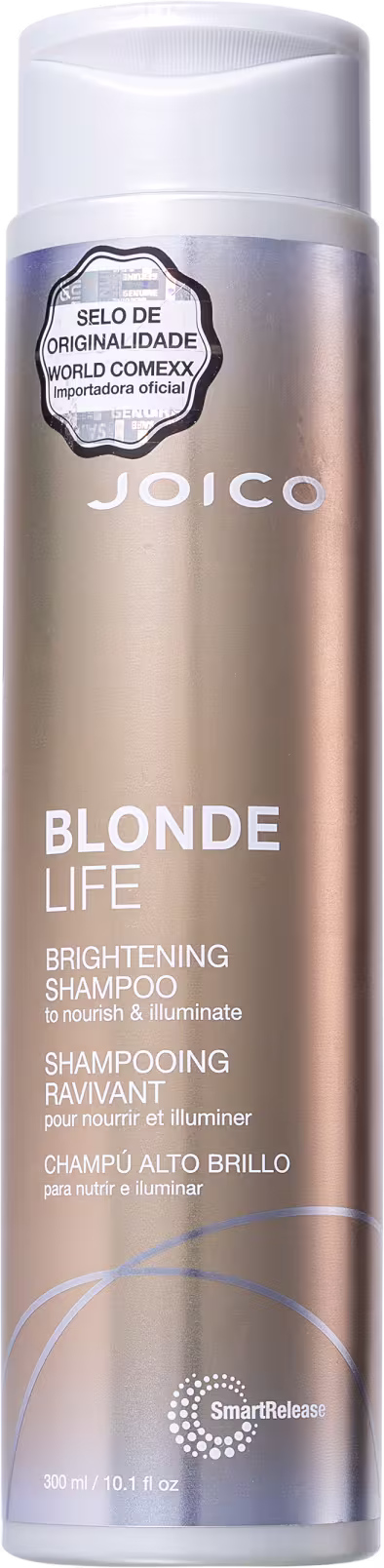 Frasco branco de shampoo da linha Blonde Life da Joico, com 300ml, com rótulo dourado e branco destacando o selo de originalidade. O produto é descrito como um shampoo iluminador para nutrir e iluminar cabelos loiros.