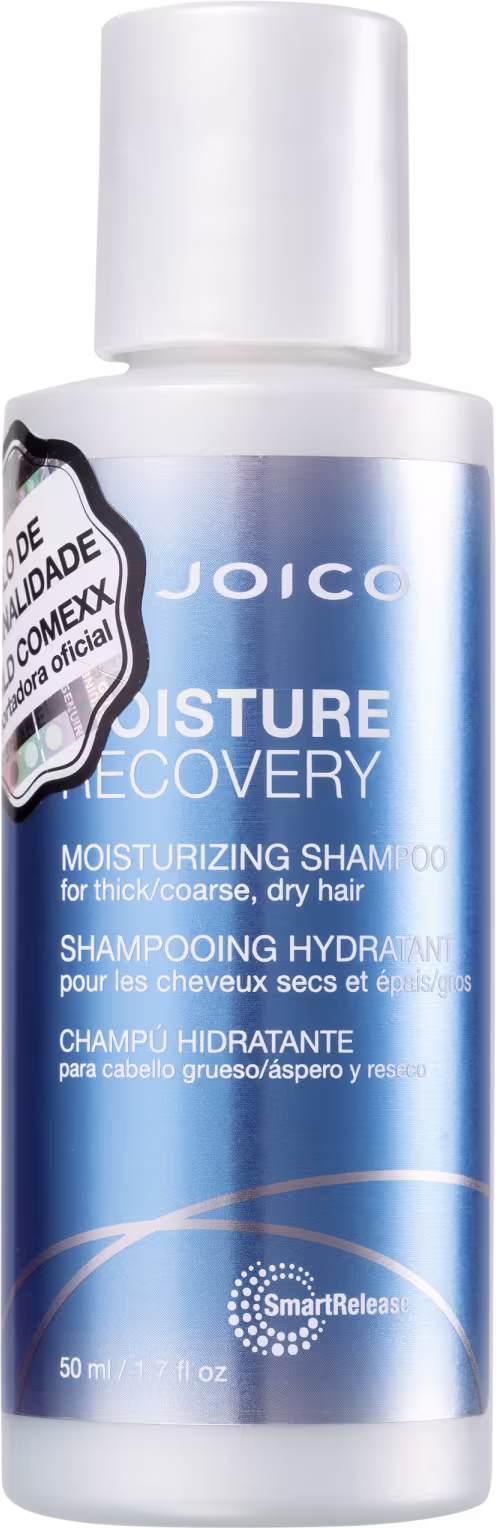 Frasco de shampoo Joico Moisture Recovery, com embalagem branca e azul, 50ml