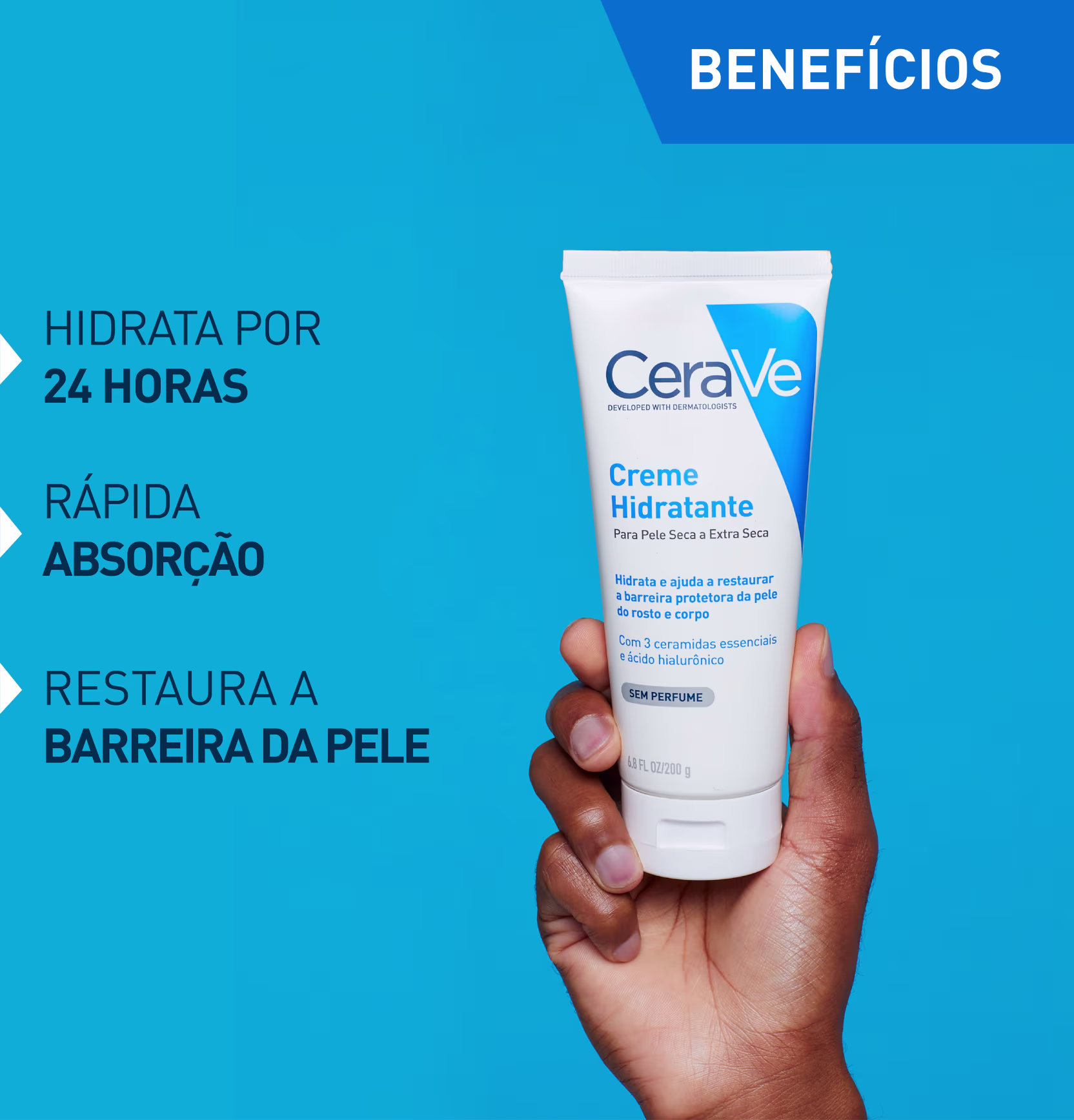 A imagem mostra o Creme Hidratante CeraVe Pele Seca a Extra Seca e texto ao lado destaca benefícios.