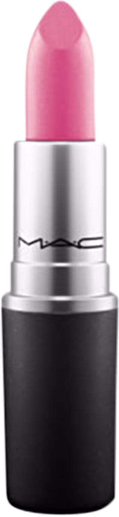 A imagem mostra uma embalagem de batom, redonda, preta e prata, com logo da marca na parte prata com letras pretas e sem a tampa, com o batom rosa à mostra.