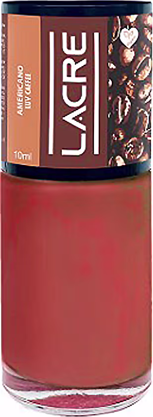 Frasco de esmalte da marca Lacre, com tampa preta e rótulo marrom destacando o nome da marca. O esmalte possui coloração laranja queimado.