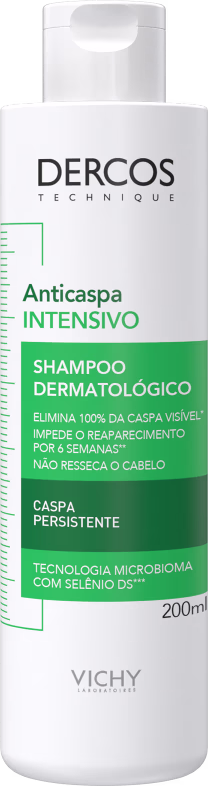 Frasco branco com rótulo verde da marca Dercos Shampoo Anticaspa Intensivo de 200ml, com tecnologia microbioma e selênio DS para caspa persistente.