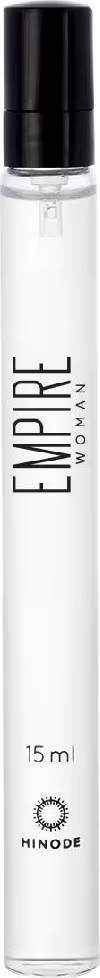 Frasco de perfume da marca Hinode, com design minimalista em tons de preto e branco. Rótulo com o nome "Empire" em destaque. Embalagem cilíndrica com tampa preta, contendo 15 ml de produto.