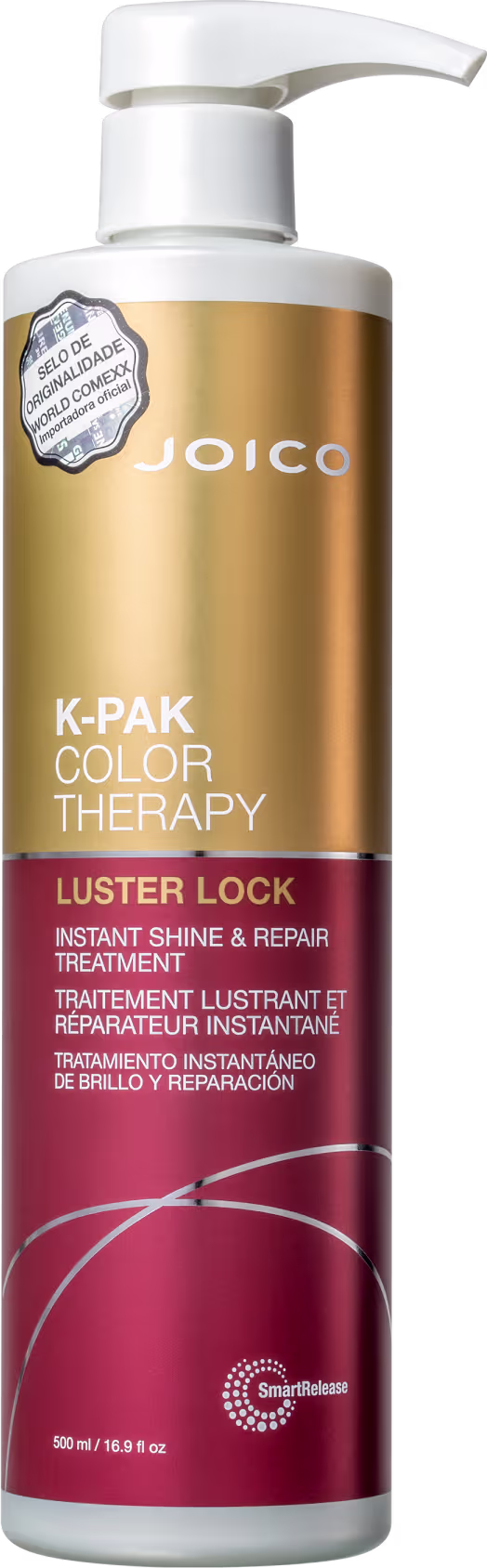 Frasco de máscara da linha K-Pak Color Therapy da Joico, com embalagem branca e dourada, rótulo vermelho e informações sobre o produto.