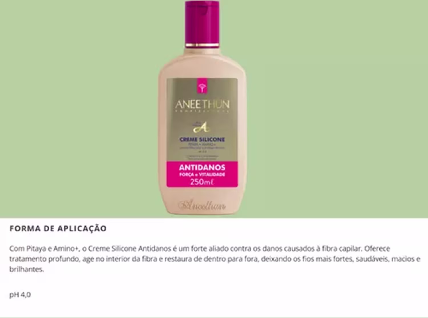 A imagem mostra o frasco e abaixo texto descreve seus benefícios para o cabelo.